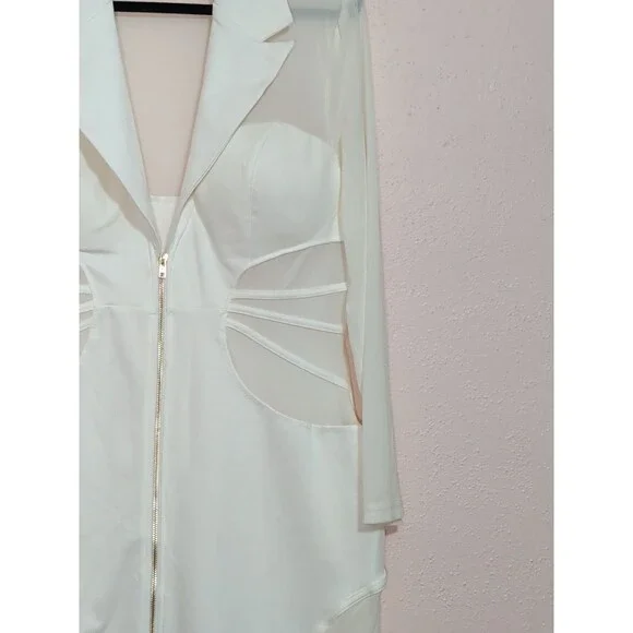 Curvy Sense Blazer Bodycon Dress Womens 2XL Ivory Sheer Mesh Cutout Zip Sexy - Picture 8 of 14